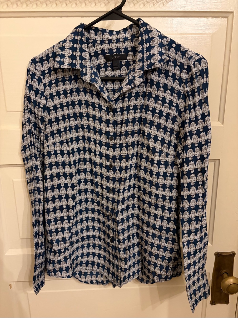 J crew navy and white silk button down, owl print size 2